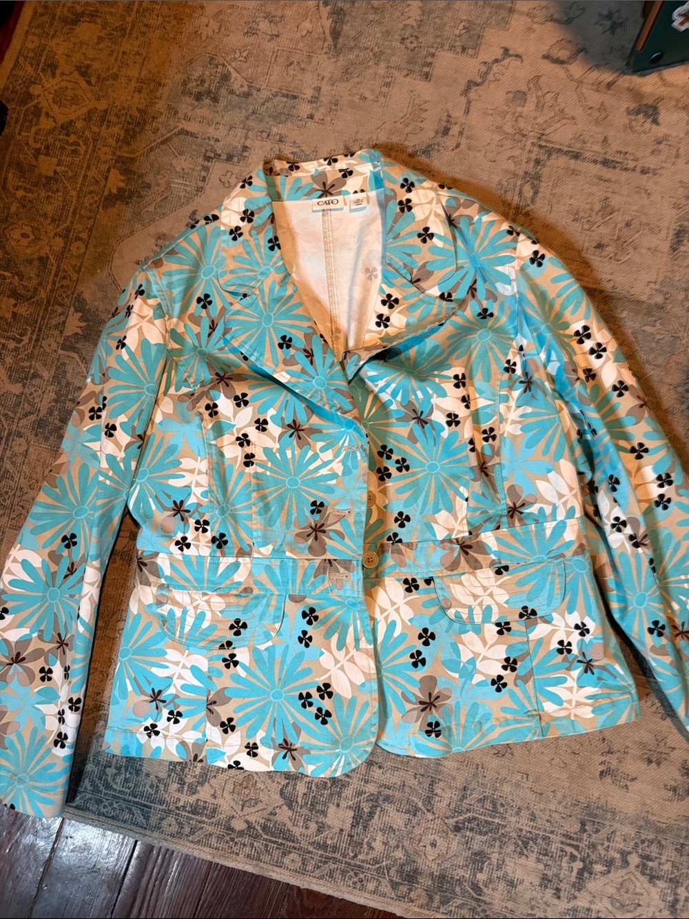 Cato Turquoise Floral Cotton-Blend Blazer